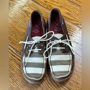 Twisted X Patriotic leather driving moc.  Stripes & star cut outs. Women Size 8.